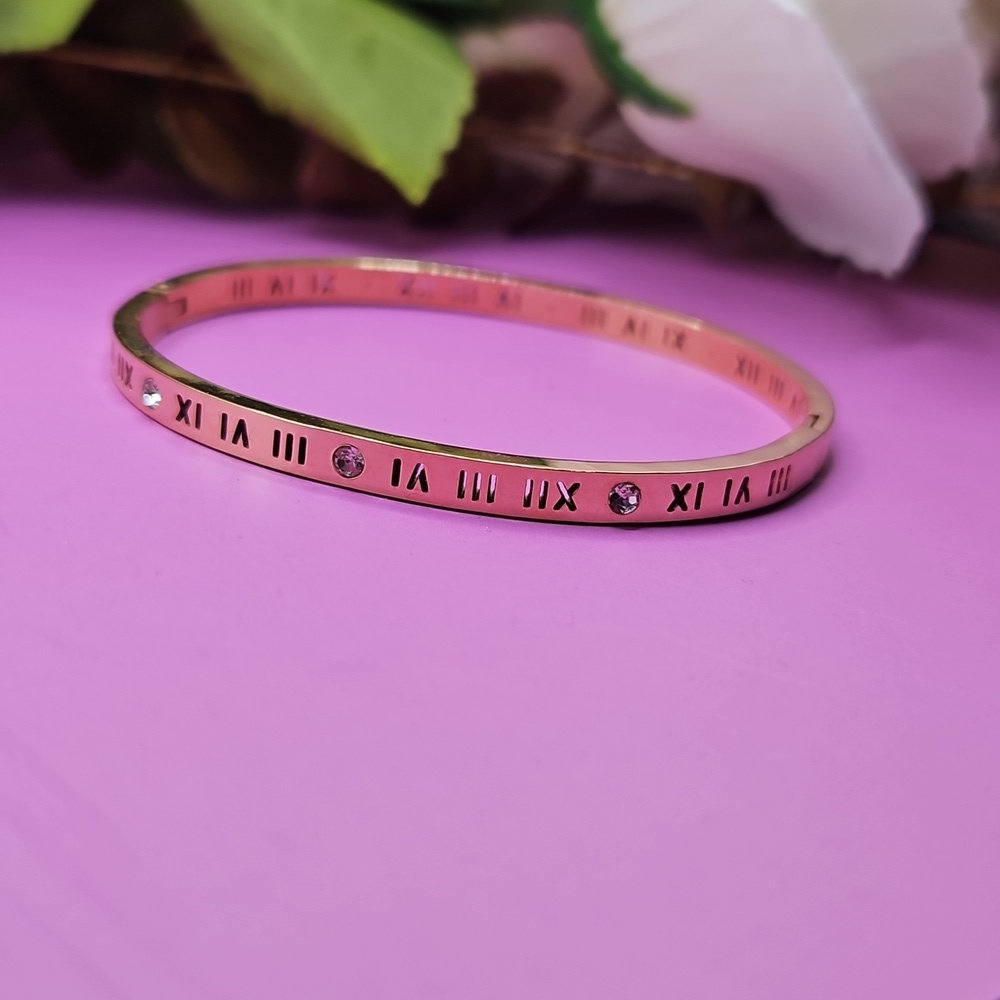 Roman Numeral Bangle Bracelet Rose Gold Stainless Steel Engraved CZ Accents NEW